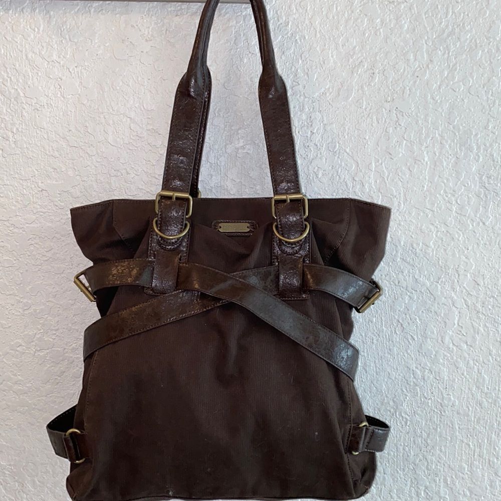O’Neill canvas and leather tote bag crisscross straps and buckles